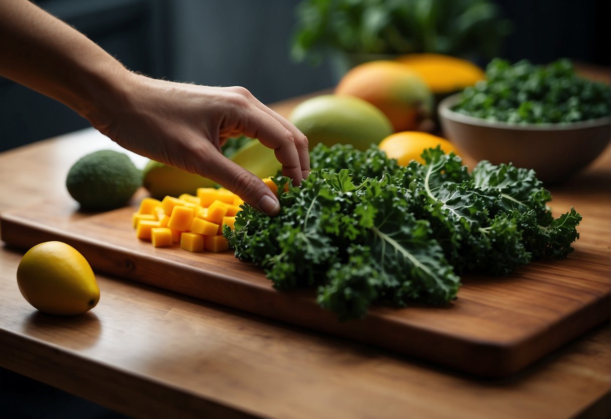 A hand reaches for a ripe mango and fresh kale, placing them on a clean cutting board. The ingredients are washed and chopped, ready to be combined in a mixing bowl
