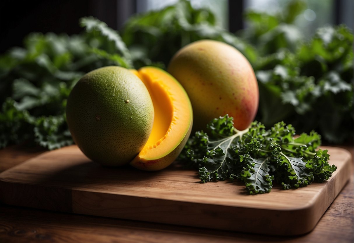 A ripe mango and fresh kale leaves sit on a wooden cutting board, ready to be blended together