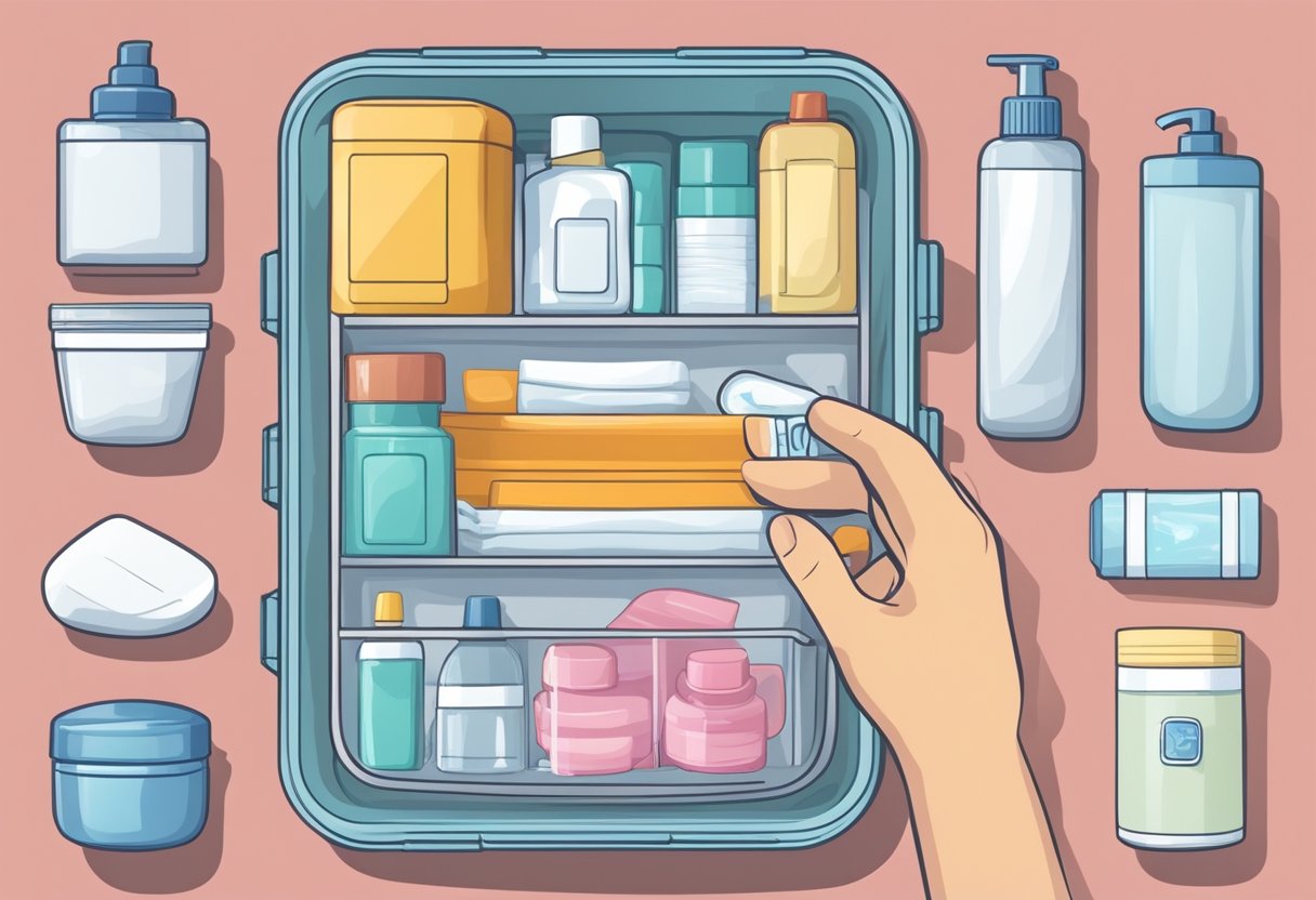 A hand reaches for a sturdy container, filling it with hygiene essentials. Items are neatly organized and labeled for easy access in case of emergencies