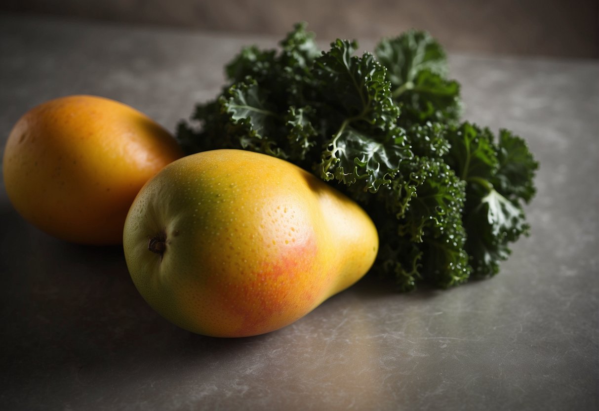 A ripe mango and fresh kale are placed together on a clean surface, ready to be mixed