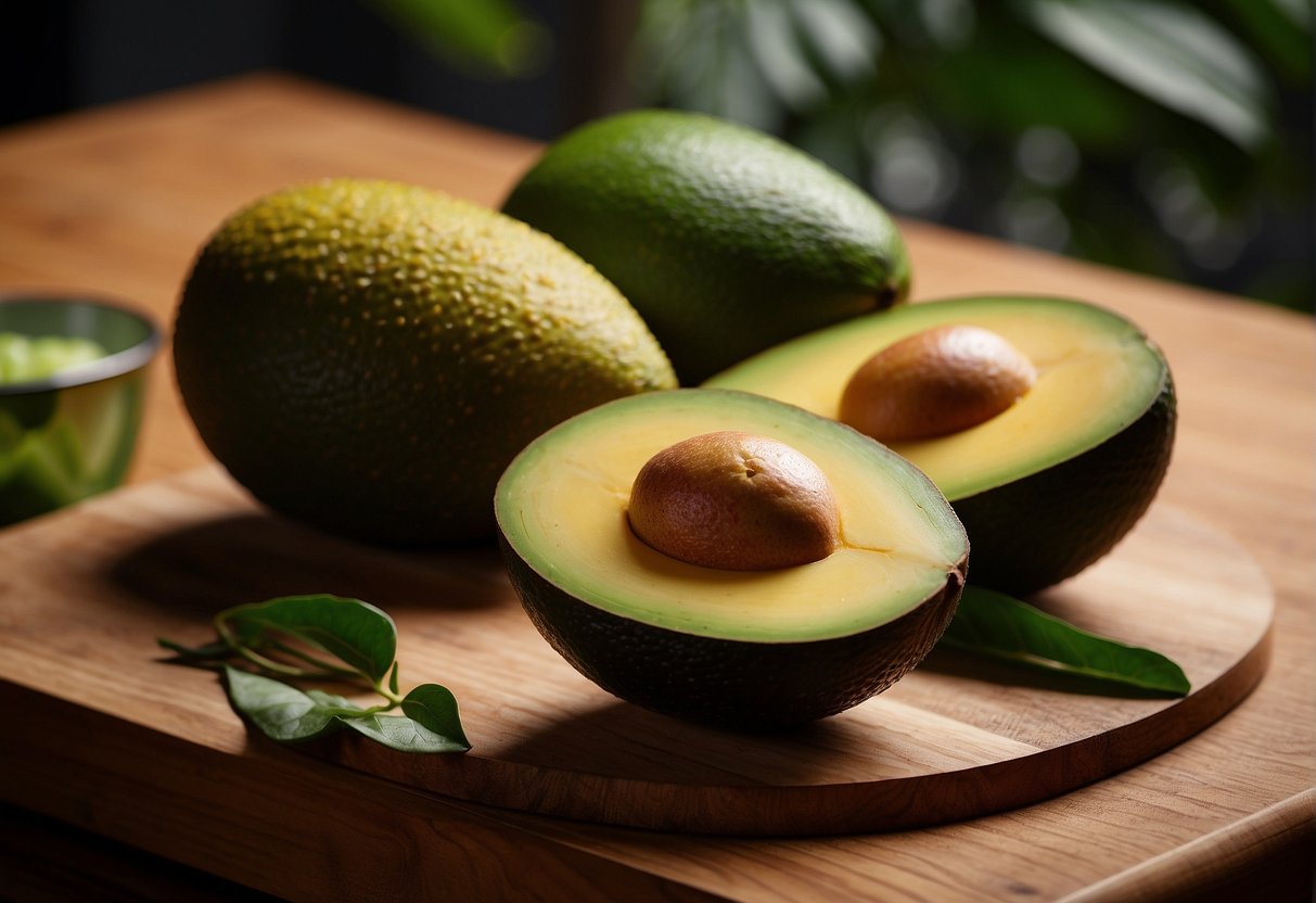 A ripe mango and avocado sit side by side on a wooden cutting board, ready to be mixed together for their health benefits