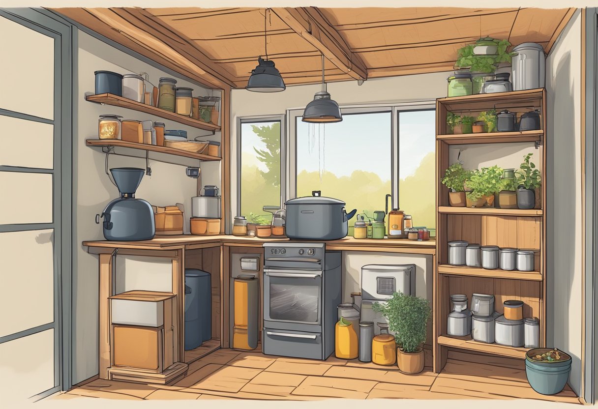 A cozy off-grid room with solar panels, rainwater collection system, and a wood-burning stove. A shelf stocked with non-perishable food and emergency supplies