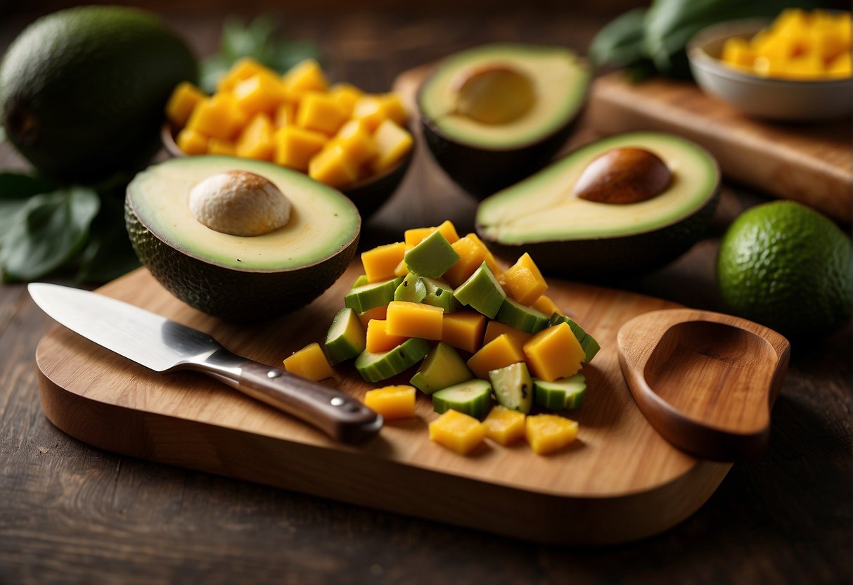 Mango and avocado on cutting board, knife slicing through fruit. Bowl and mixing spoon nearby. Text "Preparation and Cooking Tips" in background