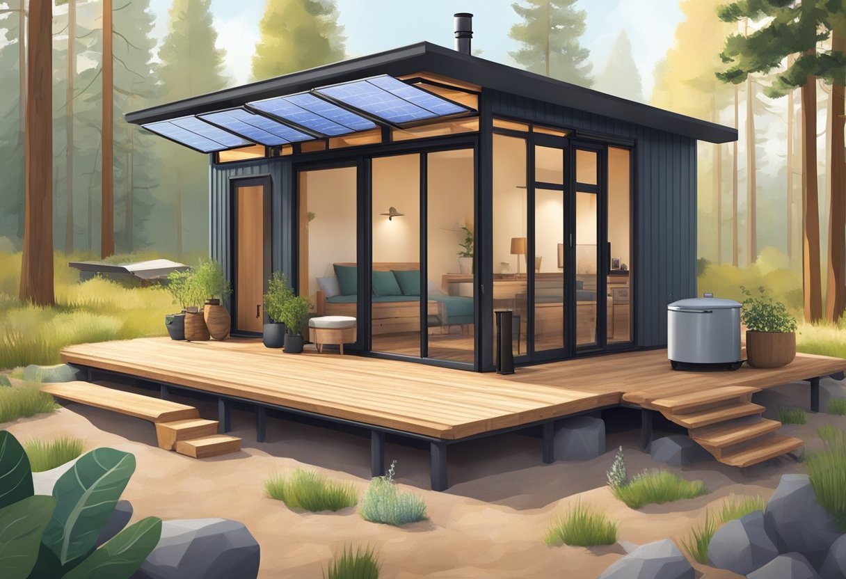 A cozy off-grid room with solar panels, rainwater collection system, and efficient wood stove. Sustainable materials, natural light, and functional layout for ultimate preparedness