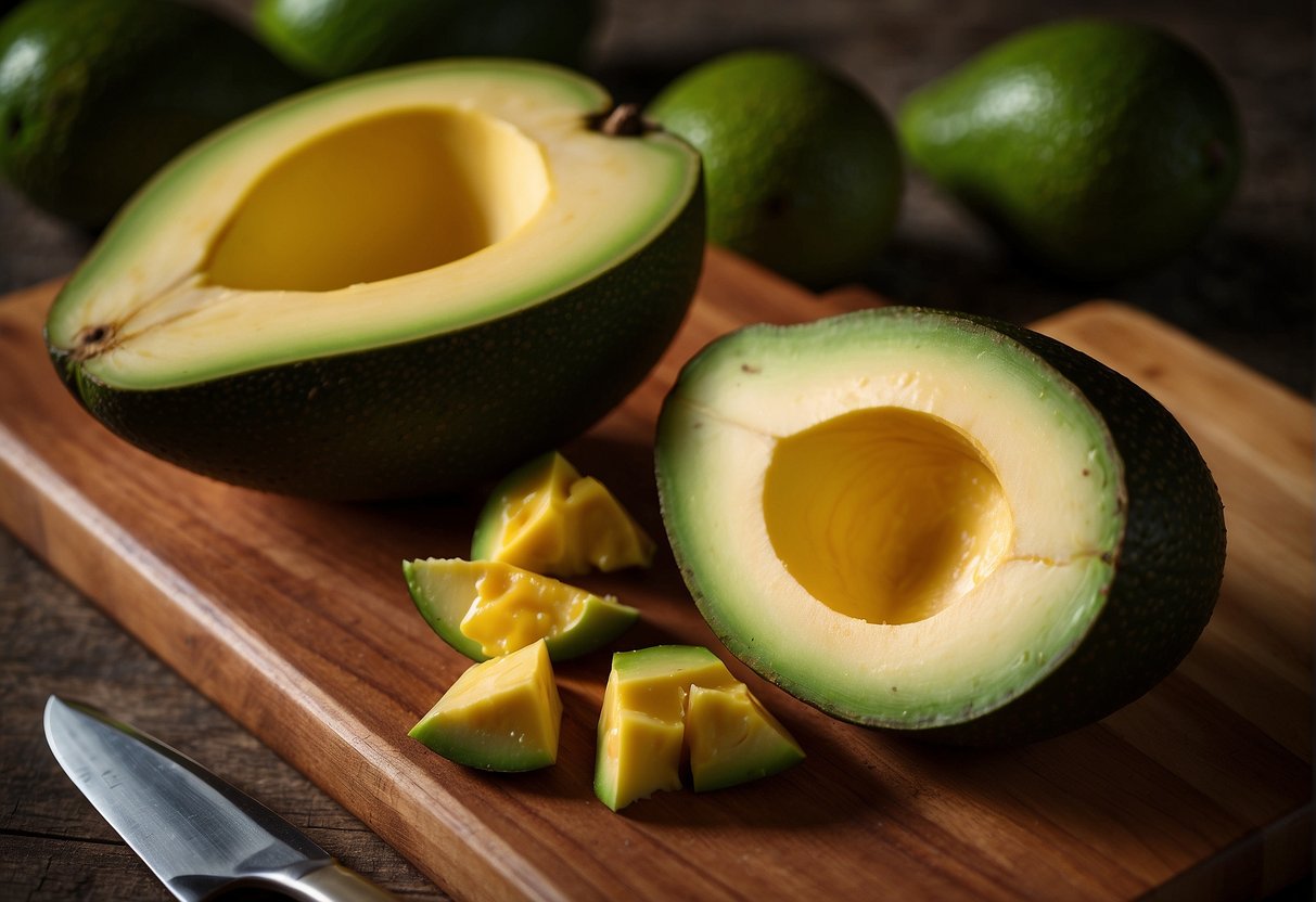 A ripe mango and avocado sit on a cutting board, ready to be sliced and mixed together for a delightful custom dish