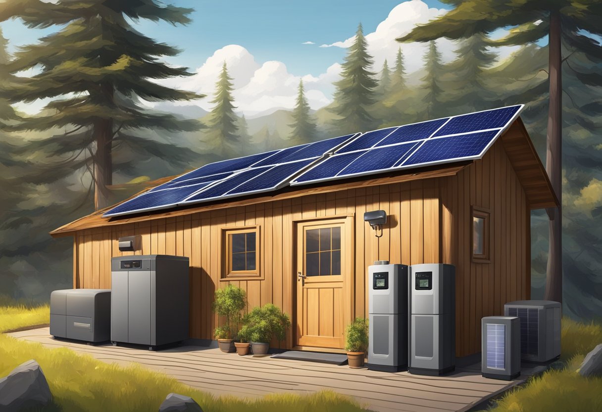 A solar panel on the roof of a rustic cabin, connected to a battery bank and inverter, providing power to various appliances and lights inside the off-grid room