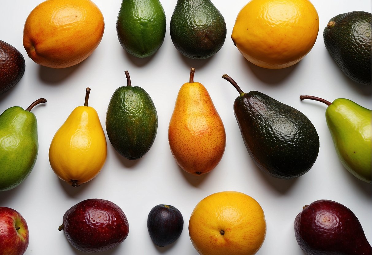 A ripe mango and avocado sit side by side on a clean, white surface. The vibrant colors of the fruits contrast beautifully, creating an appealing visual display