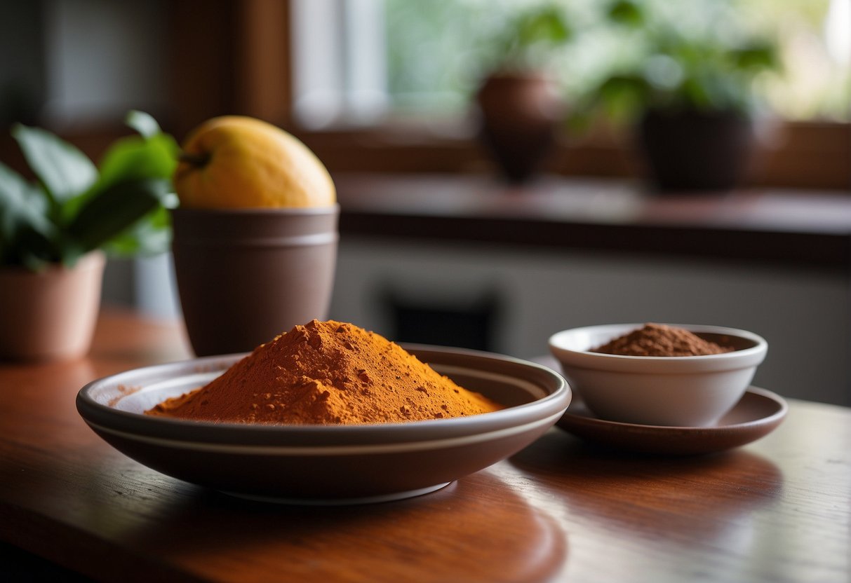 A ripe mango and a bowl of cocoa powder sit on a kitchen counter, suggesting a potential mix for health and nutrition considerations