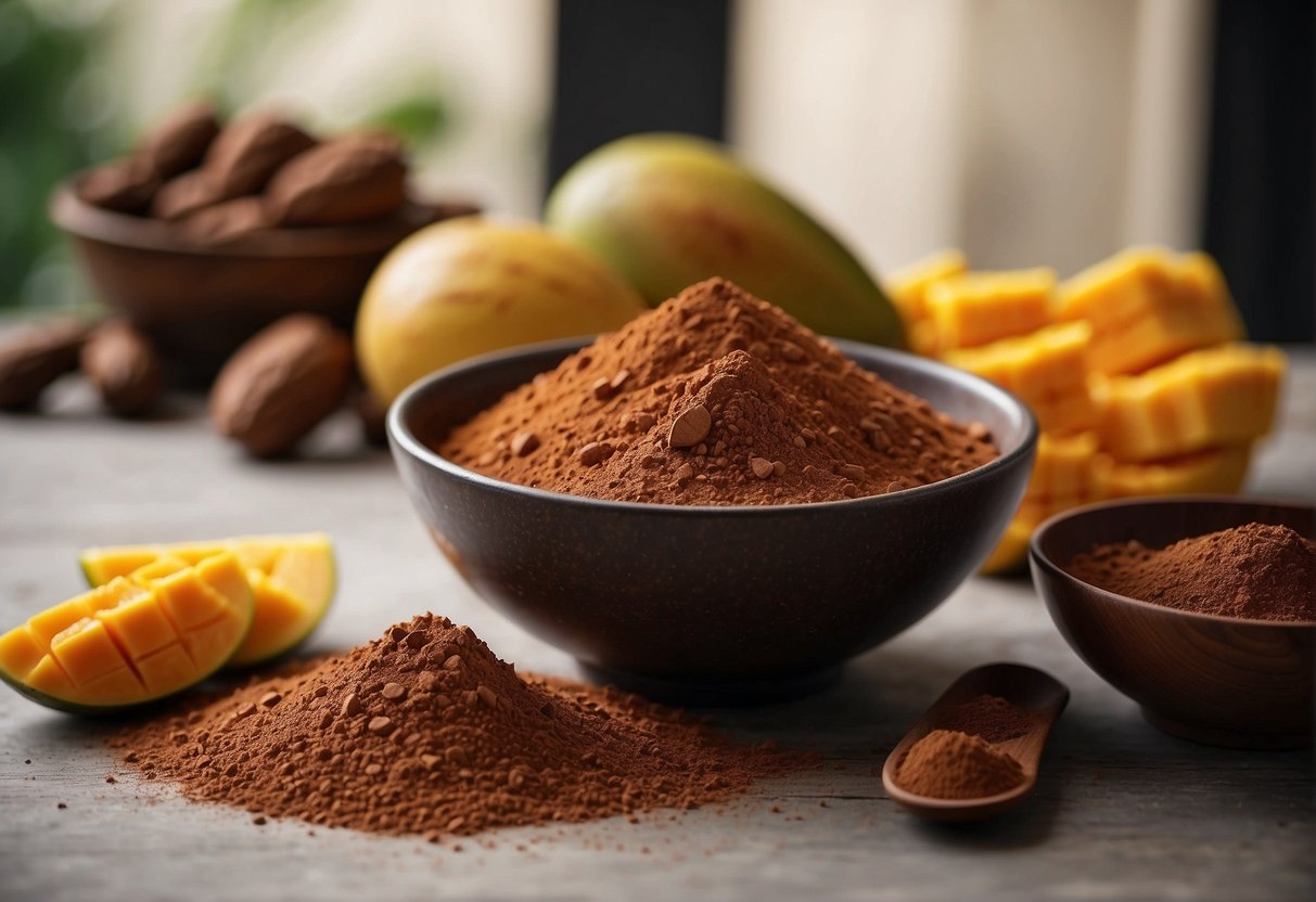 Mango and cocoa powder being mixed together in a bowl