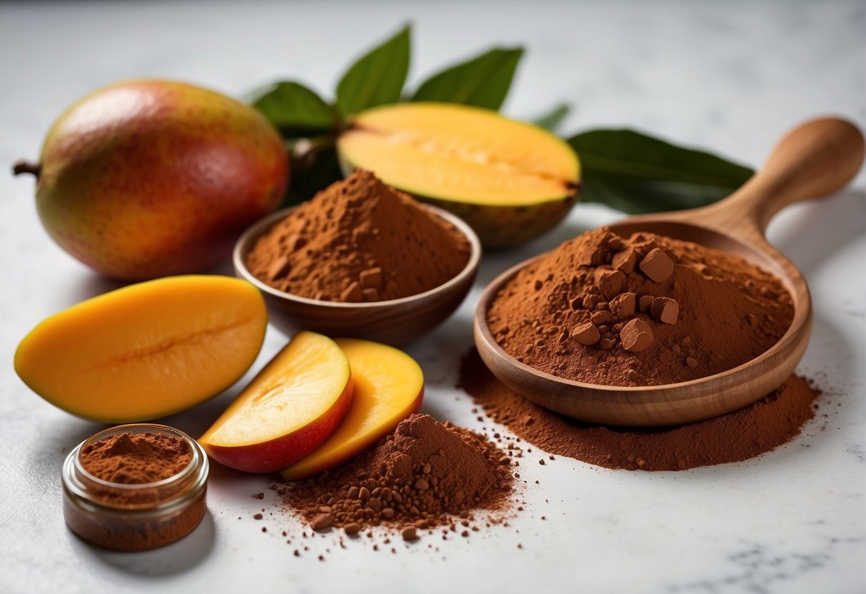 Mango and cocoa powder sit on a clean, white surface, ready to be mixed together for a DIY skincare recipe