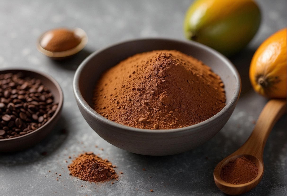 A ripe mango and a bowl of cocoa powder sit on a kitchen counter, suggesting the possibility of mixing the two for dietary considerations and substitutions
