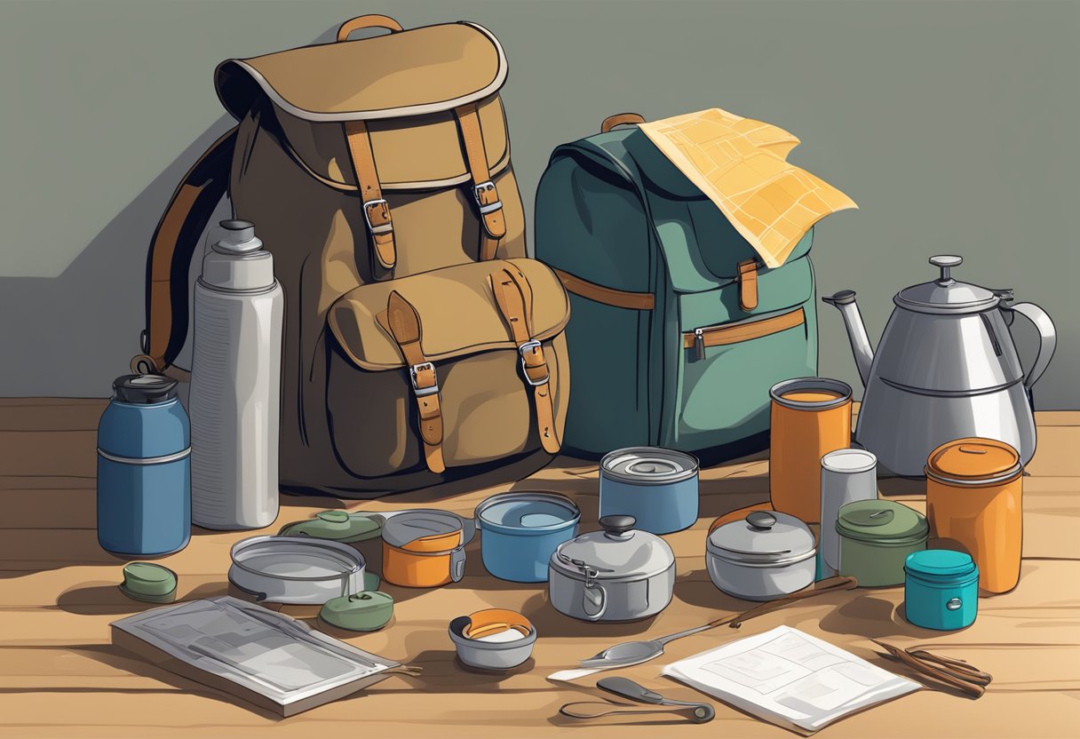 A sturdy backpack sits open on the floor, filled with essential stove items: fuel canisters, compact stove, cookware, and utensils. A map and compass rest nearby, ready for outdoor adventure