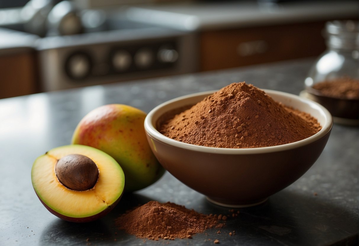 A ripe mango and a bowl of cocoa powder sit on a kitchen counter, suggesting the possibility of mixing the two ingredients together