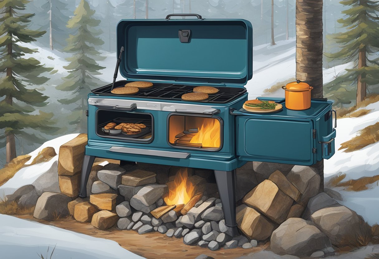 A sturdy stove sits atop a compact, weatherproof shelter. It radiates warmth and safety, surrounded by essential supplies for survival