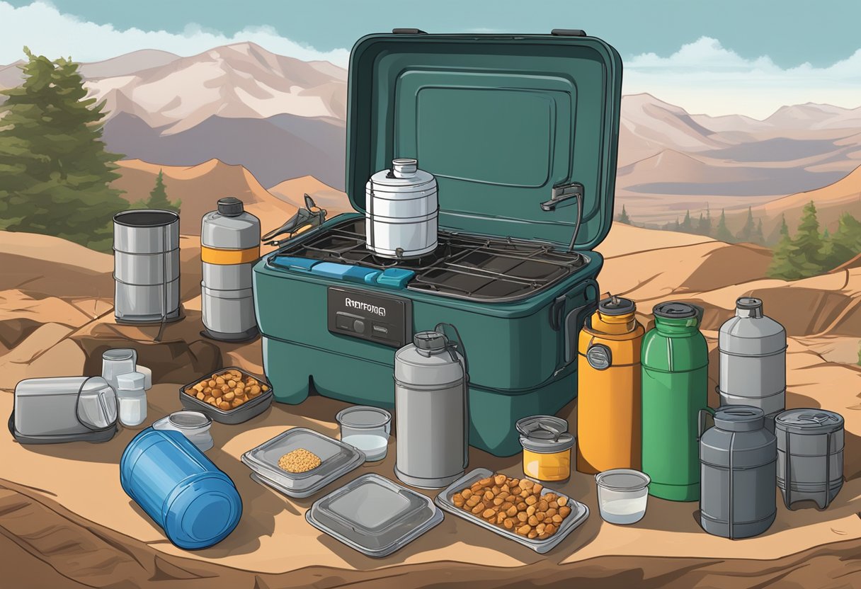 A compact stove sits atop a pile of fuel canisters, surrounded by dehydrated meals, energy bars, and water bottles. The scene exudes preparedness and readiness for survival in the wilderness