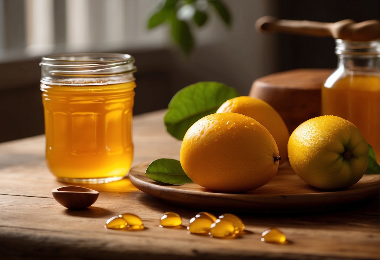 A ripe mango and a jar of honey sit on a wooden table, with a spoon nearby. The sweet, golden honey drips over the juicy, orange mango, creating a delicious and nutritious combination