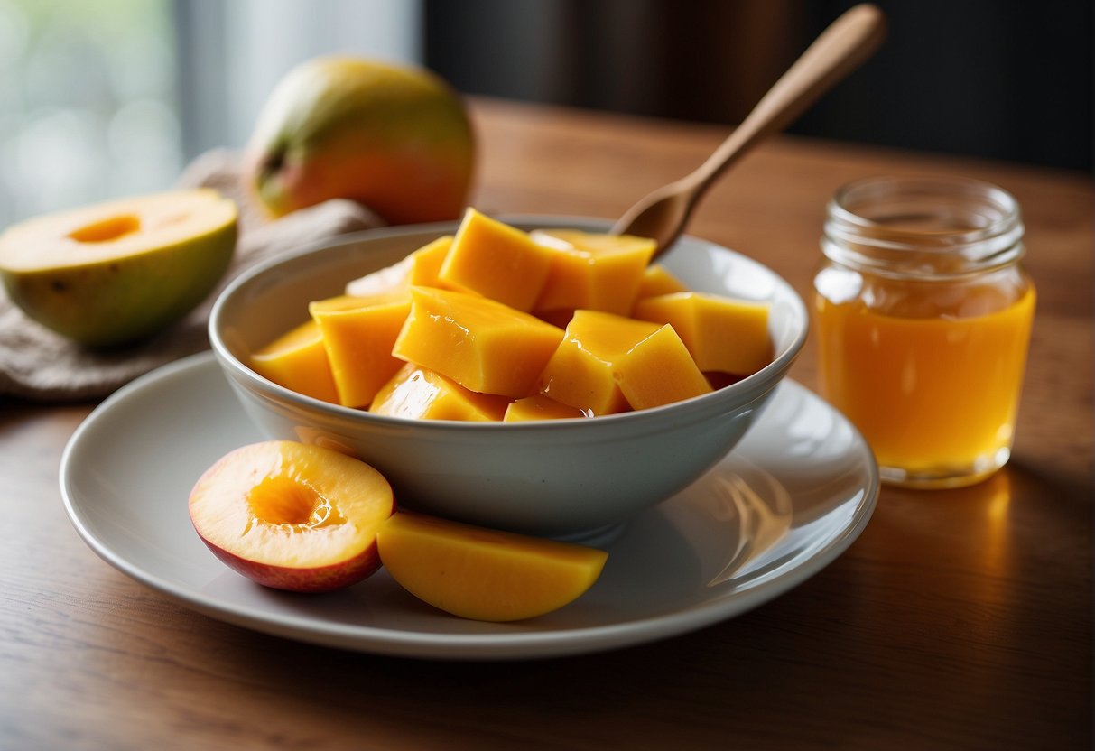 A bowl of ripe mango slices next to a jar of honey, with a spoon for mixing, on a clean, well-lit kitchen counter