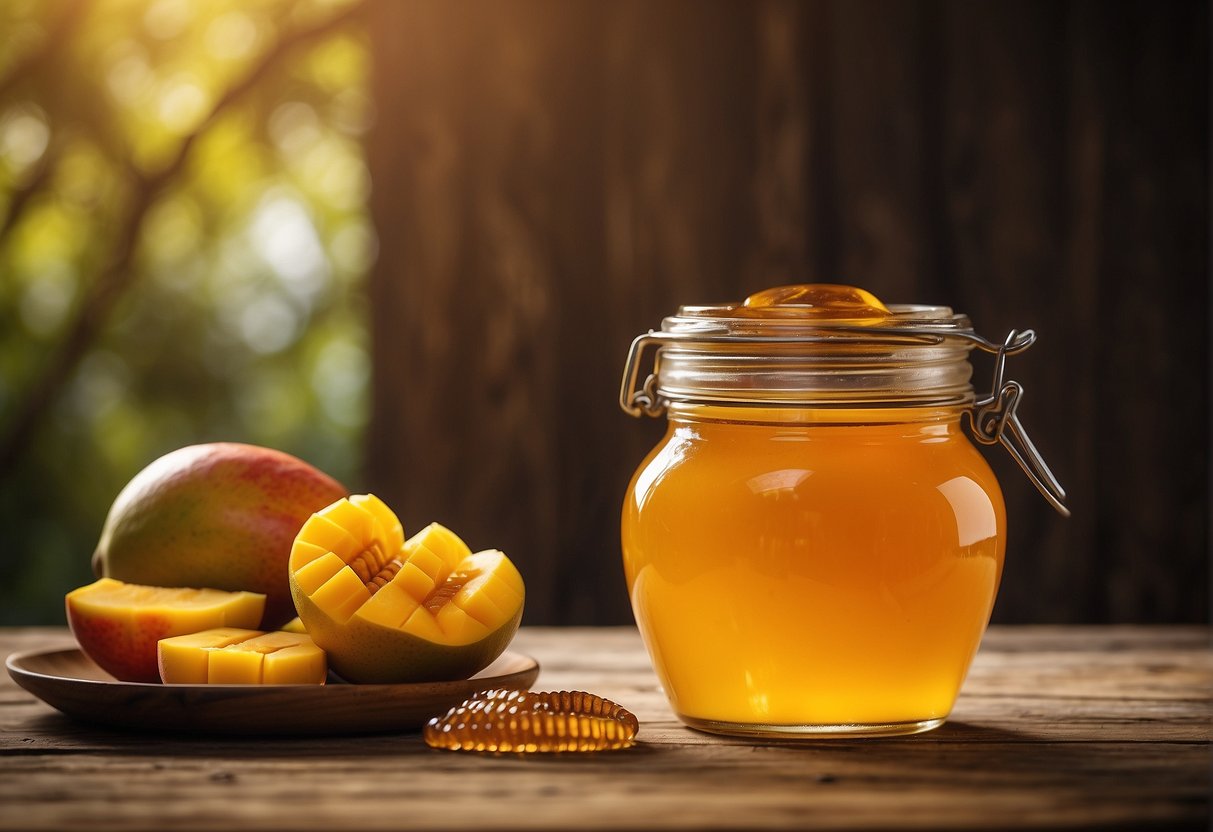 A ripe mango and a jar of honey sit side by side on a rustic wooden table, surrounded by colorful fruits and a drizzle of golden honey