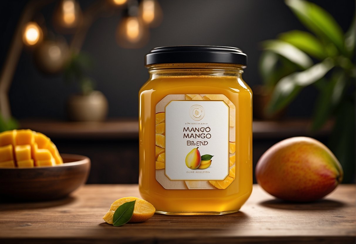 A jar of mango and honey blend sits on a wooden shelf, sealed with a label