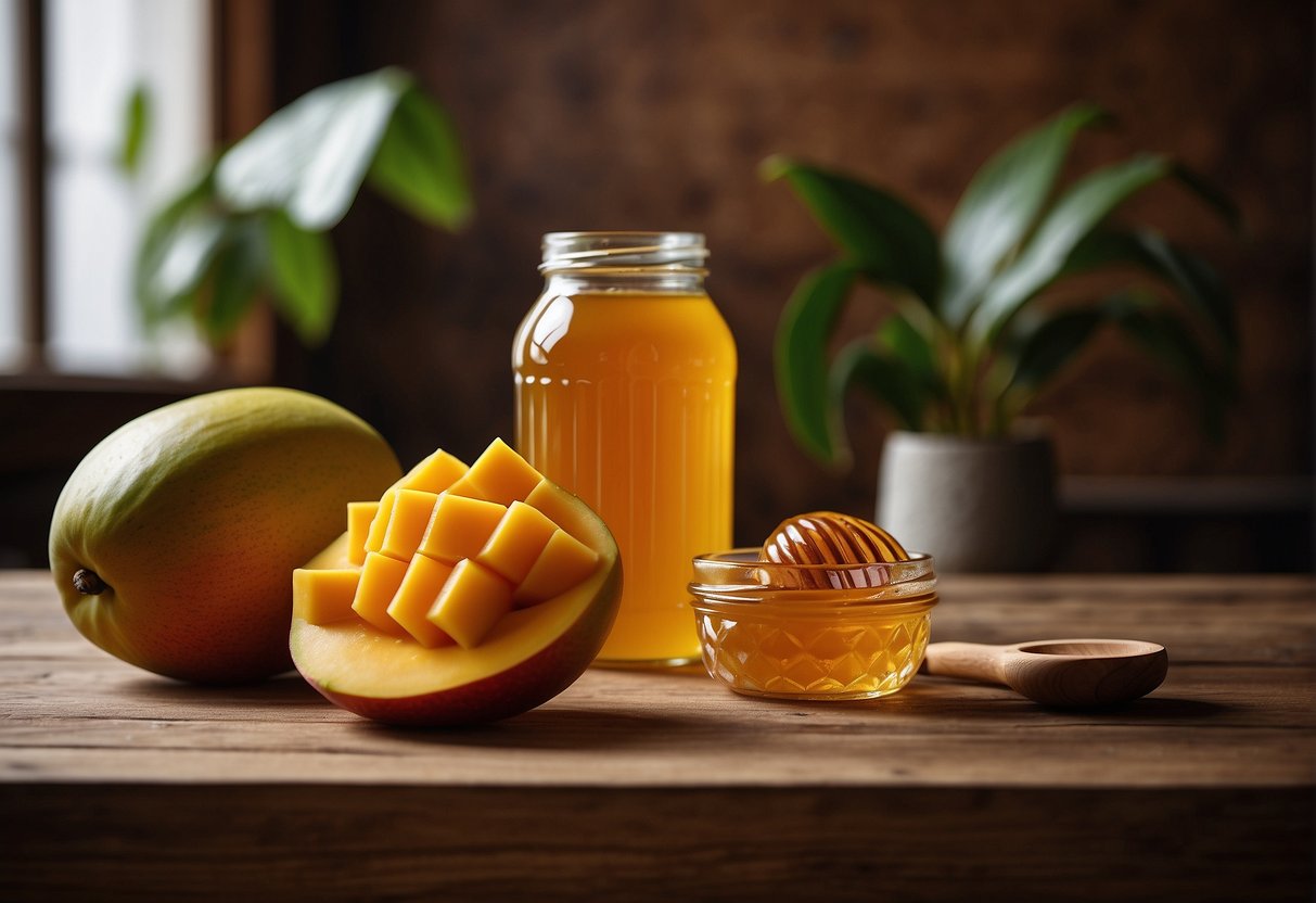 A ripe mango and a jar of honey sit side by side on a wooden table, with a question mark hovering above them