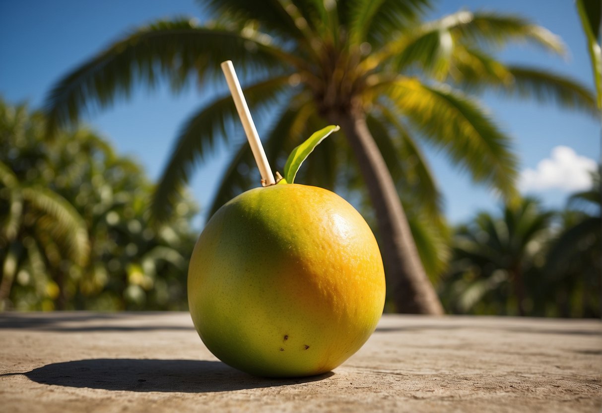 A ripe mango and a coconut with a straw in it, surrounded by vibrant green palm leaves and a clear blue sky