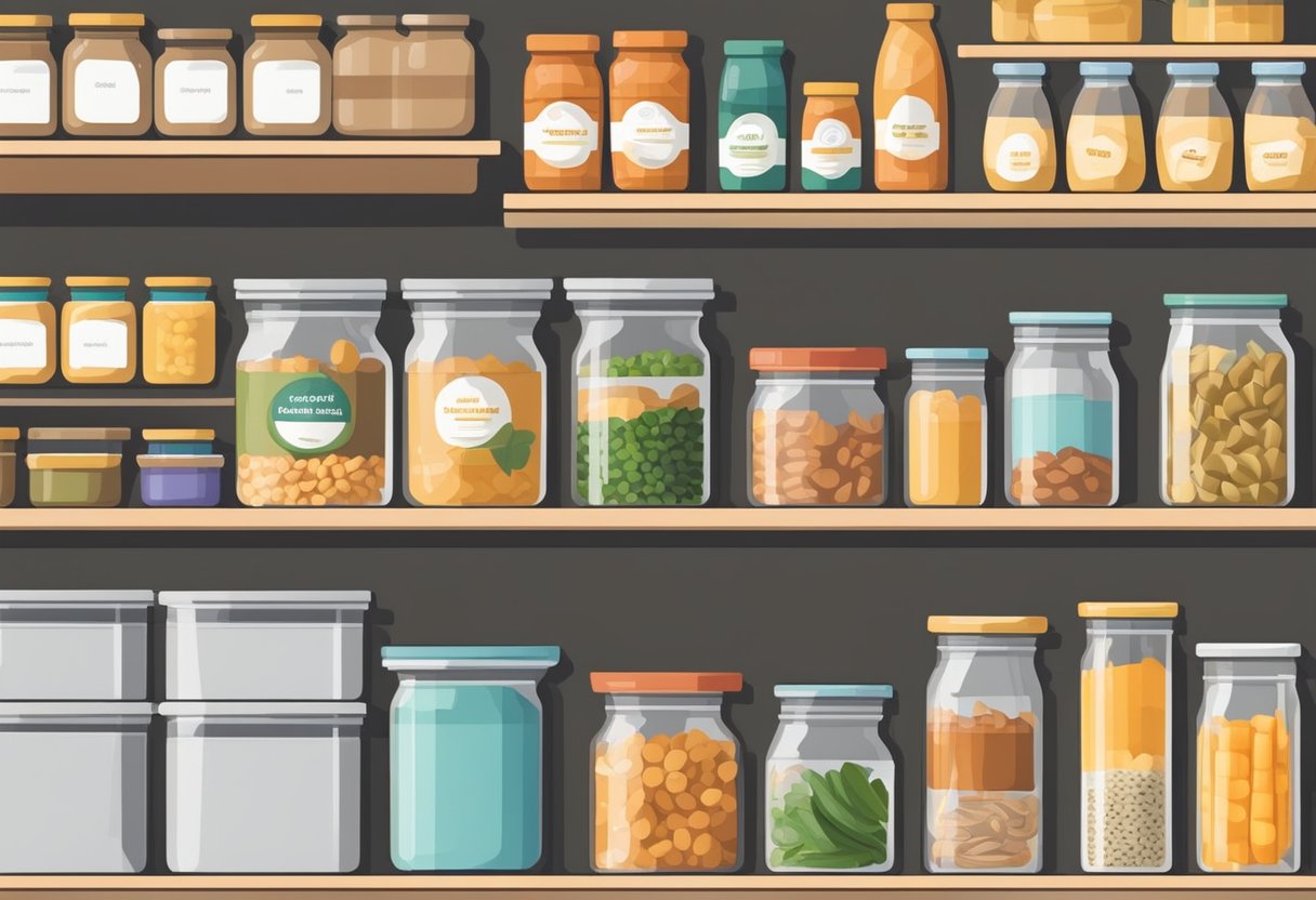 A well-stocked pantry with neatly organized shelves, labeled containers, and a variety of non-perishable food items. A calendar on the wall with dates marked for rotating supplies and practicing emergency drills