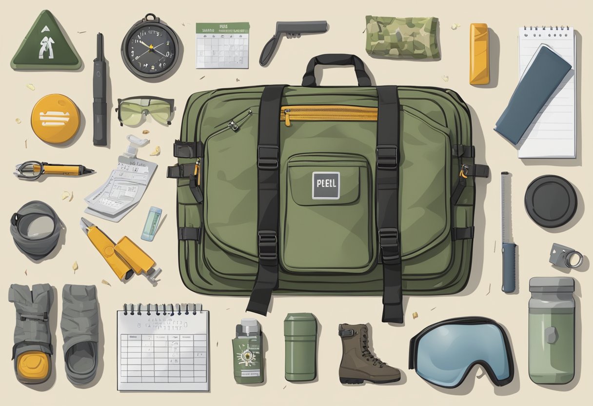 A calendar with detailed plans for various prepper scenarios, surrounded by survival gear and supplies in a well-organized space