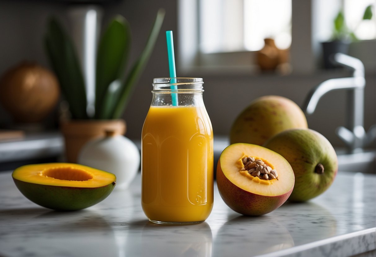 A ripe mango and a bottle of coconut water sit on a kitchen counter, ready to be blended into a refreshing smoothie
