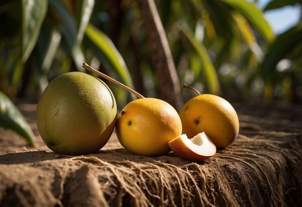 A ripe mango and a coconut with a straw sticking out, surrounded by question marks