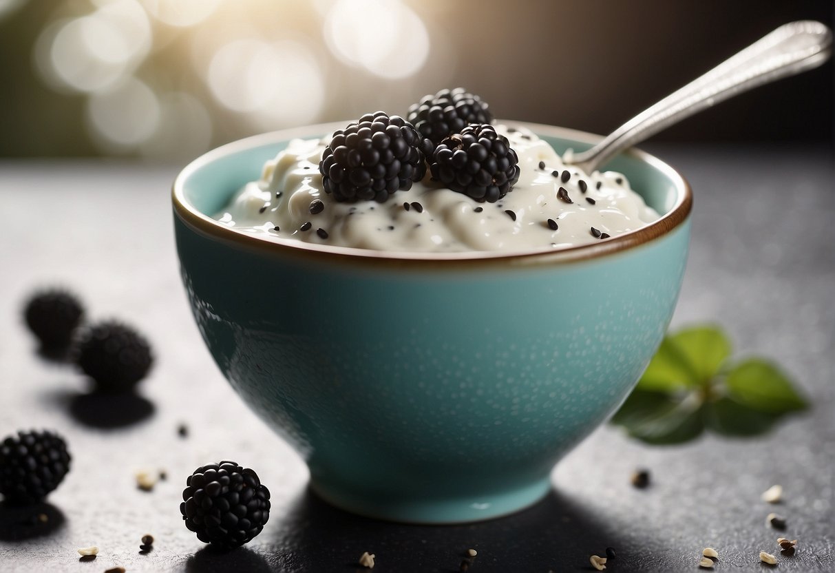 A bowl of yogurt with chia seeds sprinkled on top, a spoon mixing them together