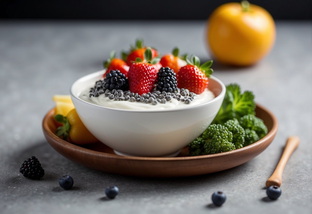 A bowl of yogurt with a sprinkle of chia seeds on top, surrounded by fresh fruits and vegetables