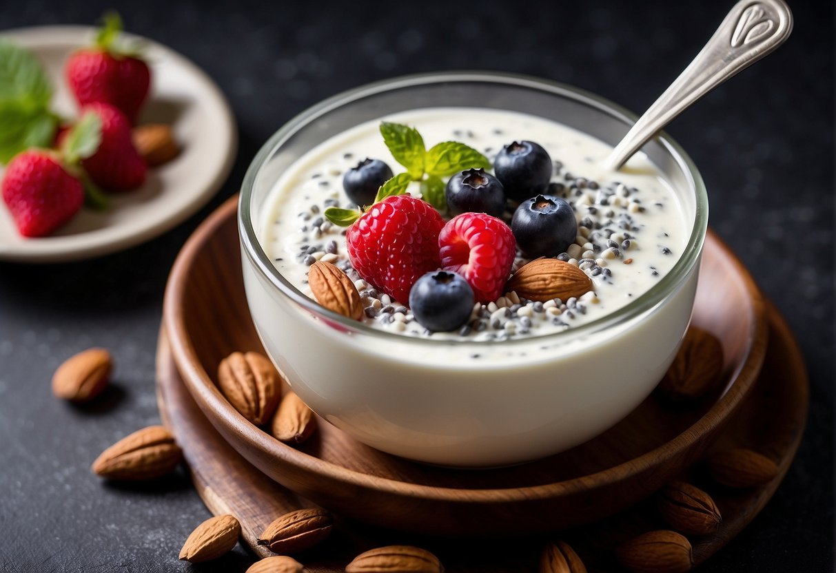 A bowl of creamy yogurt with a sprinkle of chia seeds on top, surrounded by fresh berries and nuts. A spoon rests beside the bowl, ready to dig in