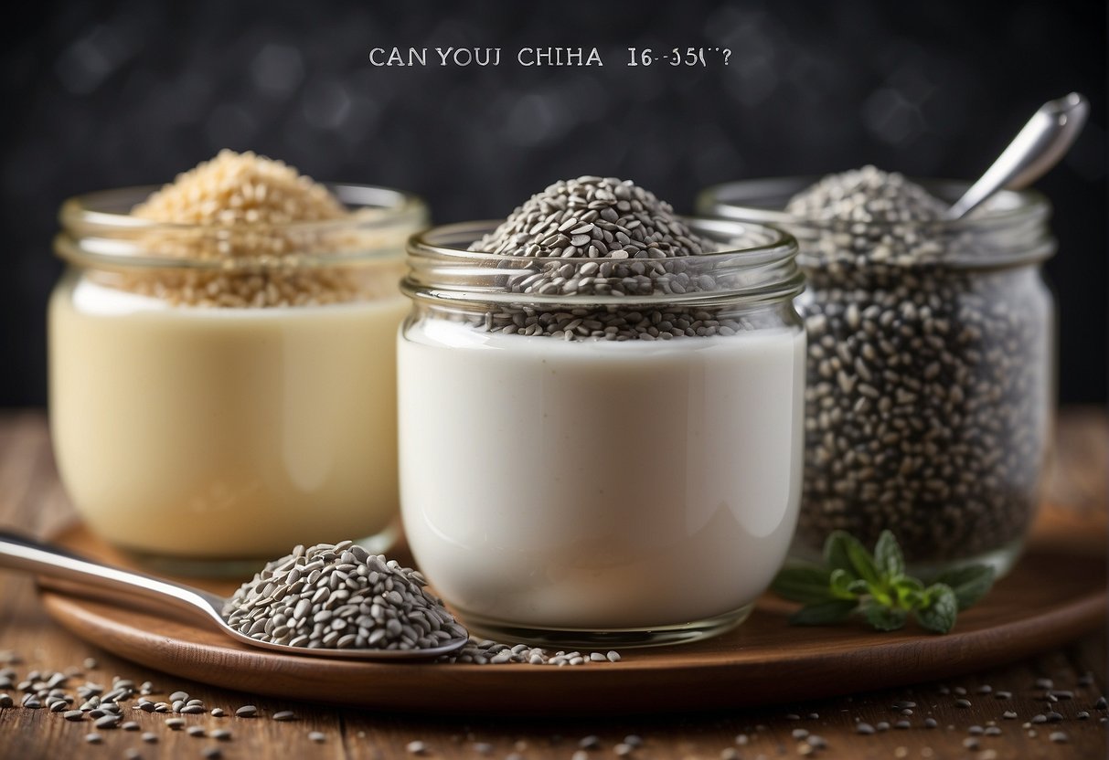 Yogurt and chia seeds in separate bowls, with a spoon nearby. Text "Can you mix yogurt and chia seeds?" displayed prominently