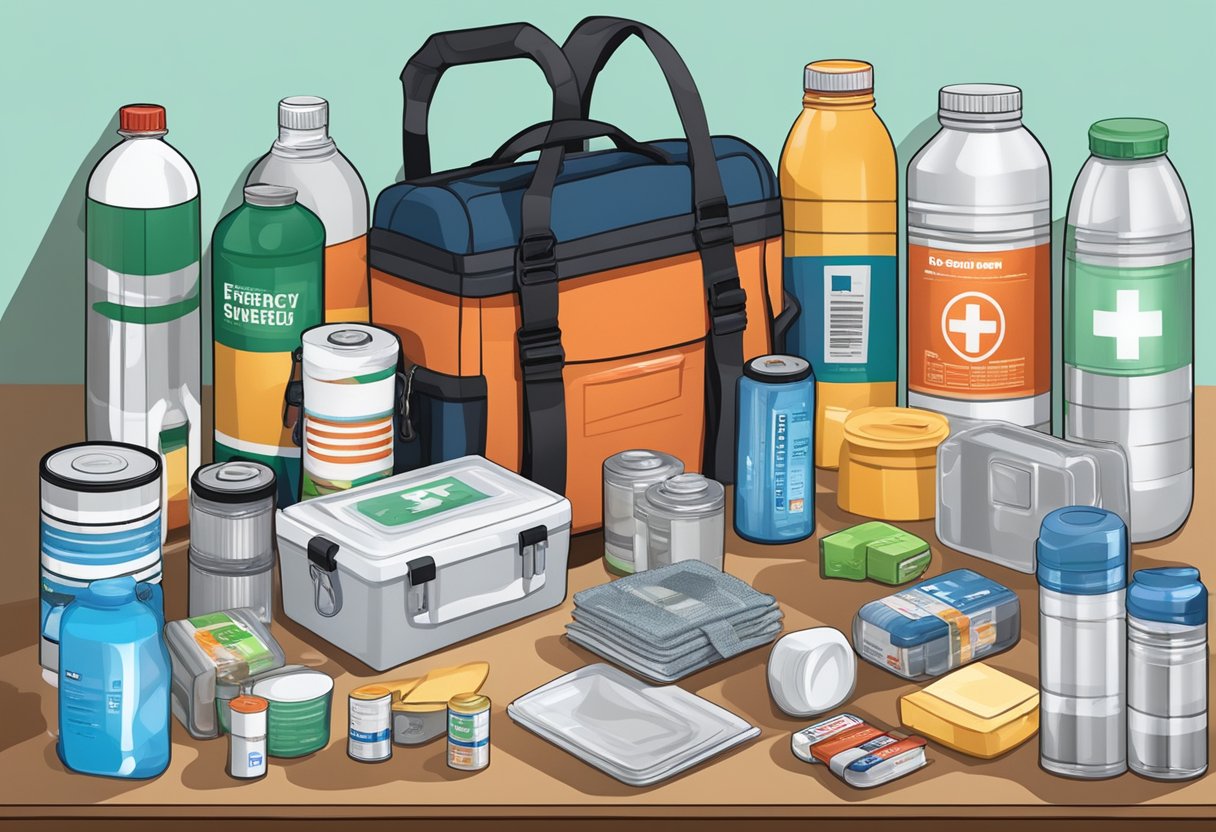 A well-stocked emergency kit sits on a shelf, including water, non-perishable food, first aid supplies, flashlight, and batteries