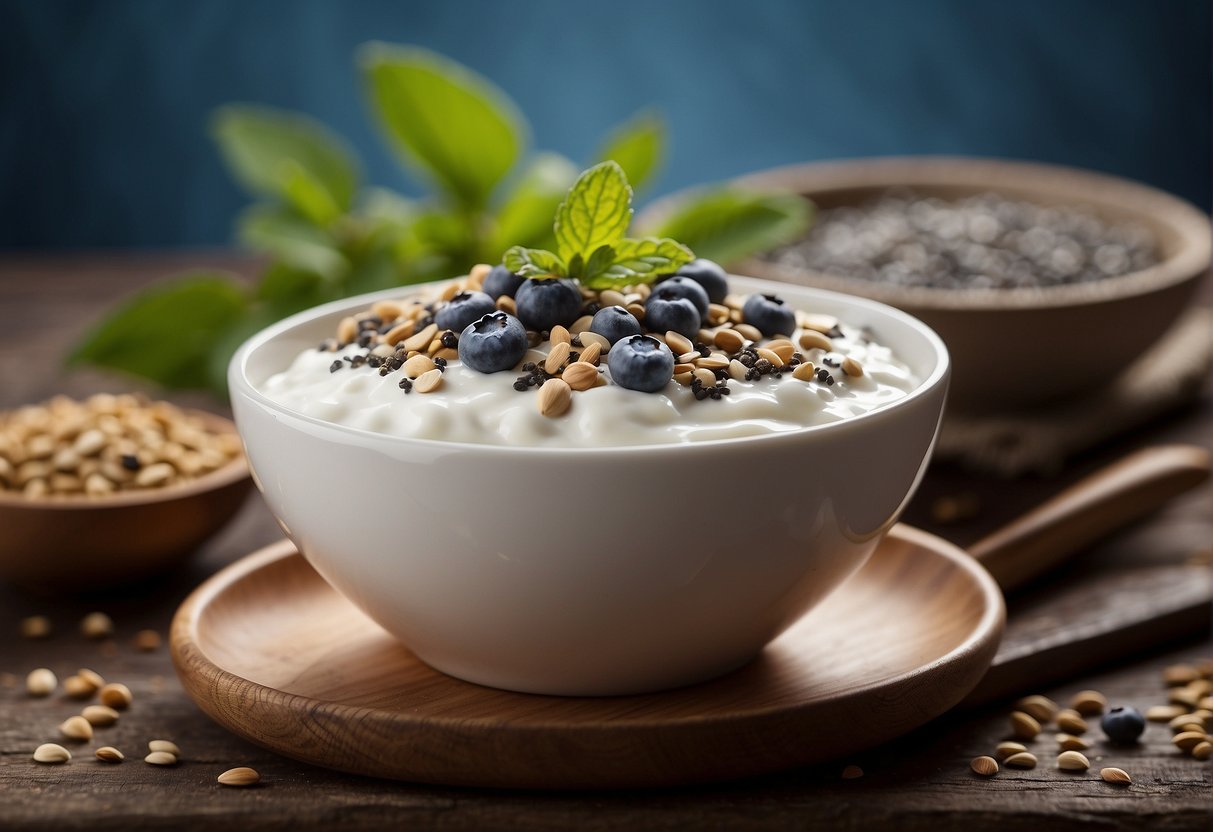 A bowl of yogurt with a sprinkle of chia seeds on top, surrounded by a few scattered seeds and a spoon nearby