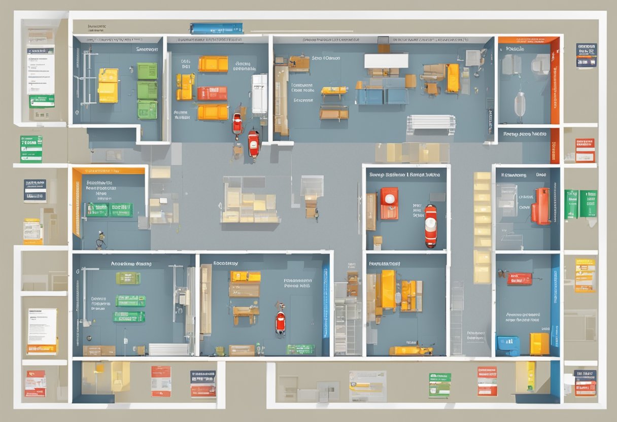 A clear, labeled map of the building with emergency exits and assembly points. Visible fire extinguishers and first aid kits. Emergency contact numbers prominently displayed