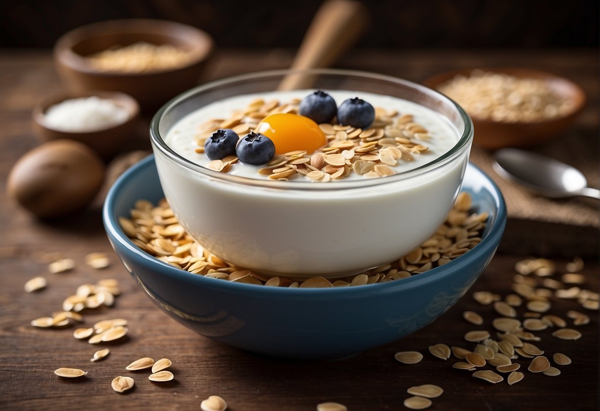 A bowl of yogurt and oats sits on a wooden table, with a spoon nearby. A jar of alternative milk is also present