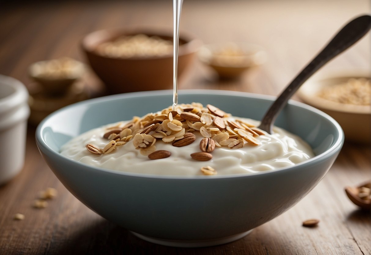 A bowl of yogurt and oats being mixed together with a spoon