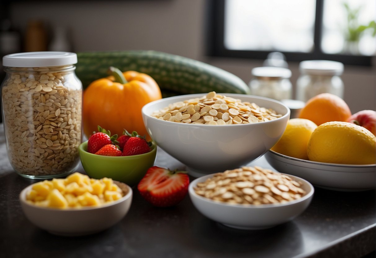 A bowl of yogurt and oats sitting on a kitchen counter next to containers of chopped fruits and vegetables. A meal prep calendar and storage containers are visible in the background