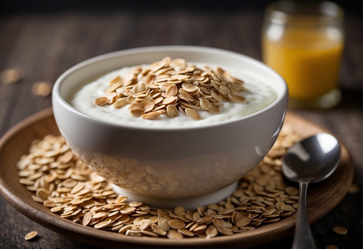 A bowl of yogurt and oats being mixed together with a spoon