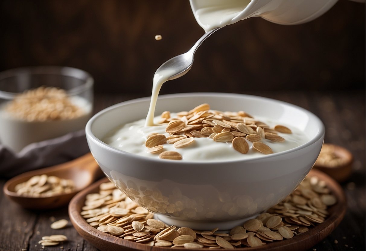 Yogurt and oats being poured into a bowl, with a spoon nearby