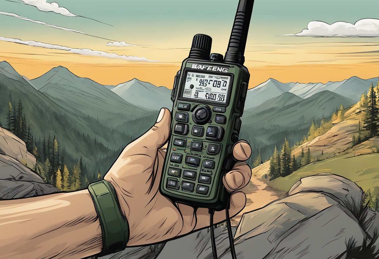 A hand holds a Baofeng UV-5R ham radio, antenna extended. Surrounding it are rugged outdoor survival gear and a dramatic natural landscape