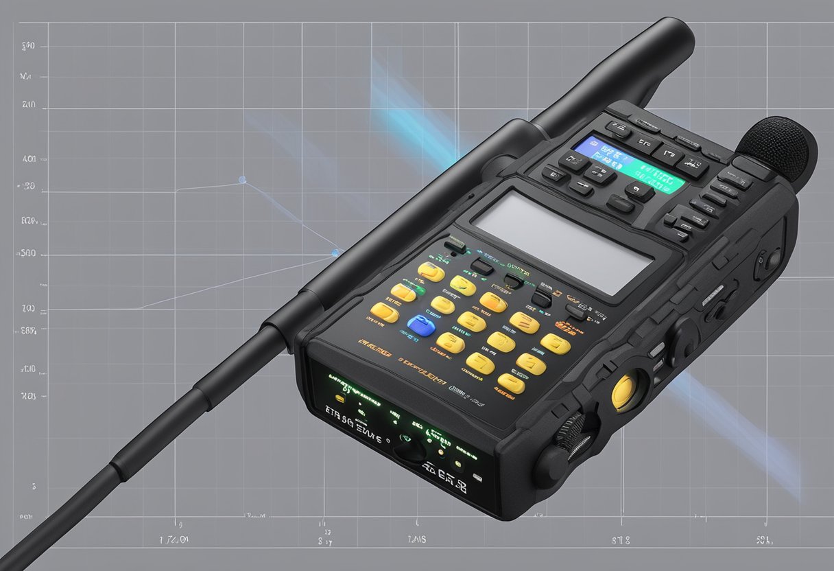 The Baofeng UV-5R Ham Radio is being programmed, with buttons being pressed and the screen displaying various settings and frequencies