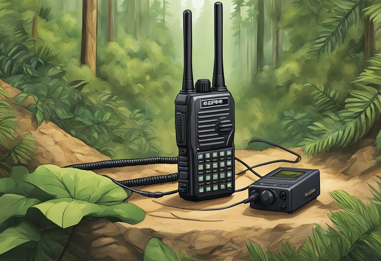 A Baofeng UV-5R Ham Radio sits atop a rugged terrain, surrounded by dense foliage. Its antenna extends upward, ready for communication in a survival scenario