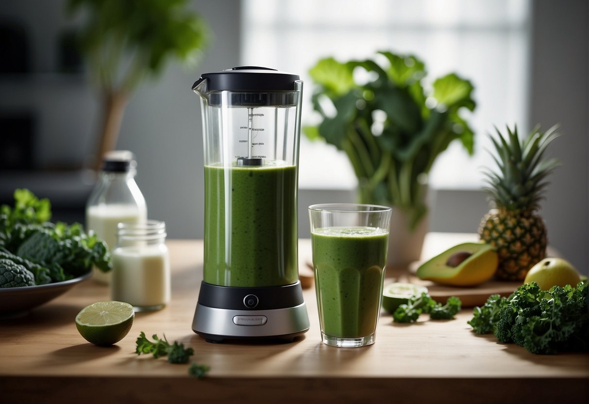 A blender whirs as kale leaves and yogurt blend together, creating a vibrant green smoothie