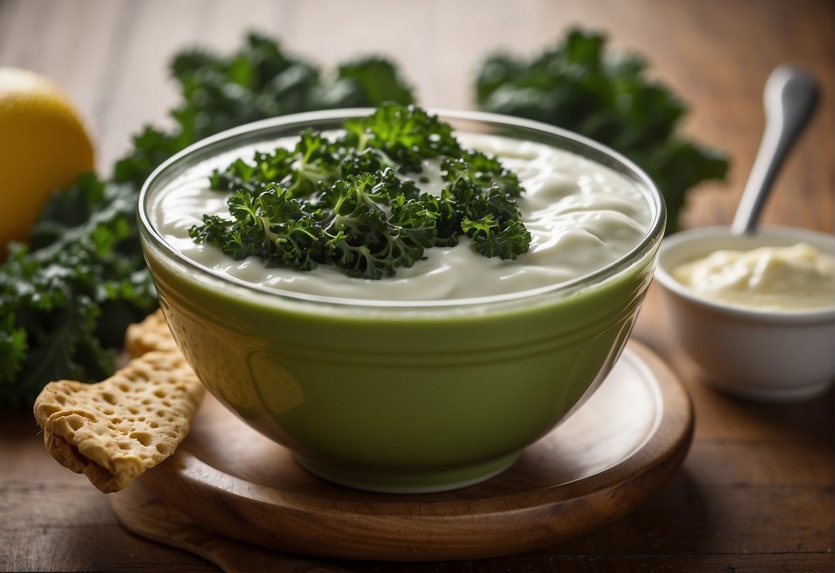 A bowl of yogurt and kale are being mixed together. Nutritional information is displayed in the background