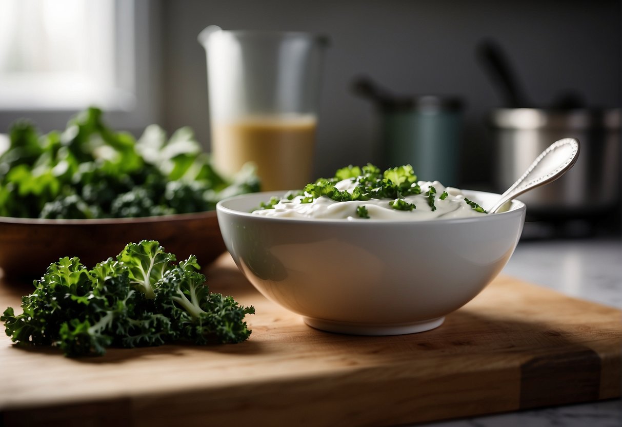 A bowl of yogurt sits next to a pile of fresh kale leaves on a kitchen counter. A spoon hovers over the bowl, ready to mix the two ingredients together