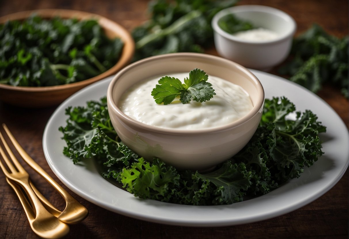 A bowl of yogurt sits beside a pile of fresh kale leaves, suggesting the possibility of mixing the two ingredients together