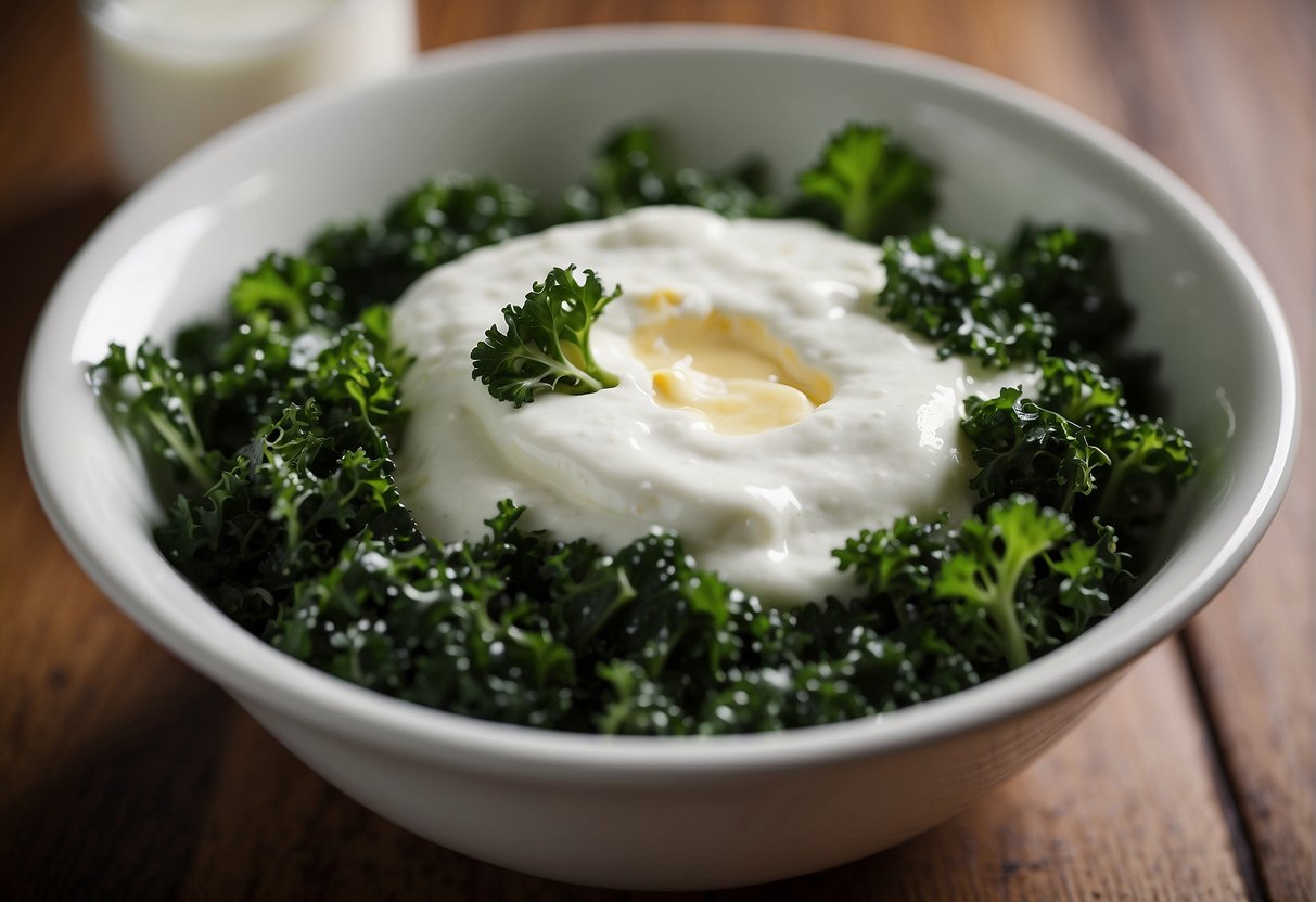 A bowl of yogurt and kale are being mixed together