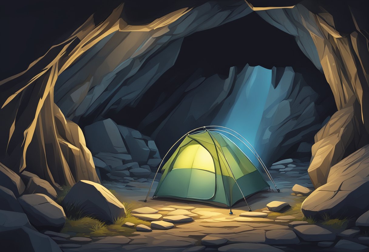 A flashlight illuminates a dark cave, revealing a map, signaling for help, and providing light for a makeshift shelter